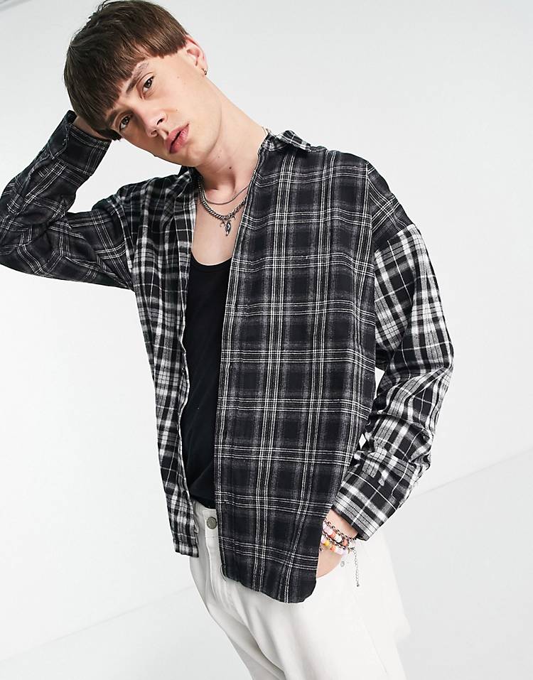 Good For Nothing oversized spliced flannel shirt in gray and blue